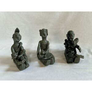 Unique Tribal Clay Statues Set of Three, Small, Signed, Unknown Signature